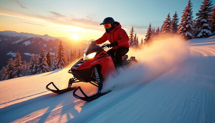 Man rides red snowmobile through snowy mountain landscape at sunset. Driver wears red jacket, helmet, goggles, kicking up snow dust. Winter adventure on snow machine.