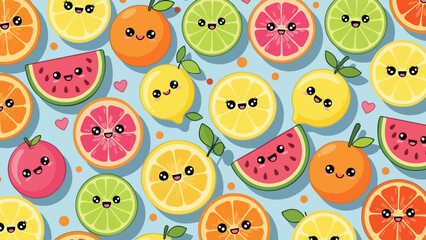 Adorable kawaii fruit pattern featuring smiling citrus slices and watermelon on light blue background