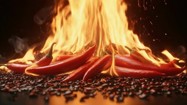 Fiery red chili peppers with flames in the background