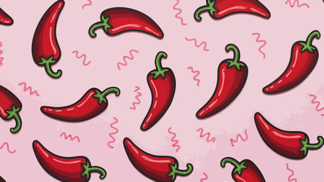 Seamless pattern of vibrant red chili peppers scattered across a light pink background creating a spicy texture