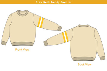 Crew Neck Trendy Sweater Vector Drawing with Color Block Sleeves