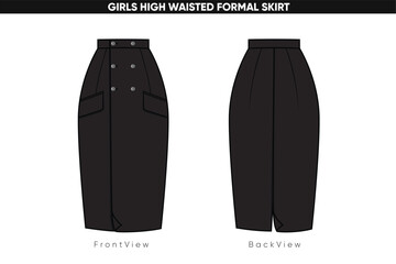 Girls High Waisted Formal Skirt Vector Flat Drawing, Front and Back View