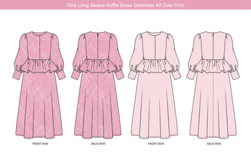 Girls Long Sleeve Ruffle Dress Vector with Seamless All Over Print