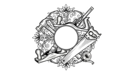 Crafting Essentials: A black and white depiction of a meticulously arranged assortment of essential carpentry tools, forming a harmonious and appealing design.