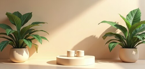 Beige display features round podium and potted plants. Natural light creates shadows on minimalist aesthetic setting. This scene represents wellness product promotion or skincare presentation.
