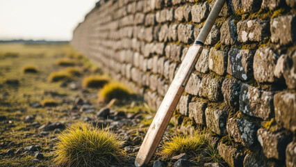 Obraz premium Classic wooden cricket bat leaning against an old stone wall outdoors