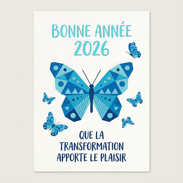 Carte de v&oelig;ux bonne ann&eacute;e 2026 avec papillon bleu symbolisant la transformation positive et le plaisir