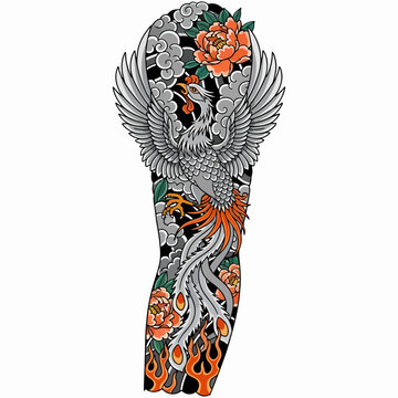 Japanese Phoenix Tattoo Design with Peony Flowers and Clouds Vector Illustration