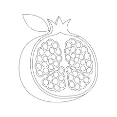 Detailed black and white outline vector of a pomegranate, cut in half to show the internal structure, arils, and a leaf.