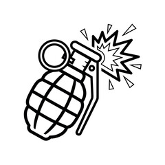 Black and white outline vector icon of a military fragmentation hand grenade with the safety pin pulled and an explosive burst effect.