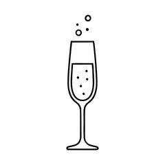 Black and white outline vector icon of a tall champagne flute with sparkling bubbles, symbolizing a celebration or party. © Liub