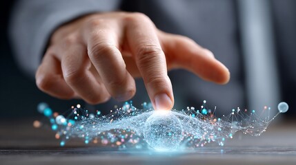 Innovative technology concept with hand interacting glowing network