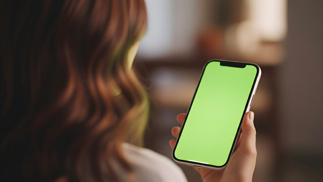 Hand holding mobile phone with green screen chroma key. Back view of brunette woman watching blank smartphone in blurred warm home interior for social media app mockup concept.
