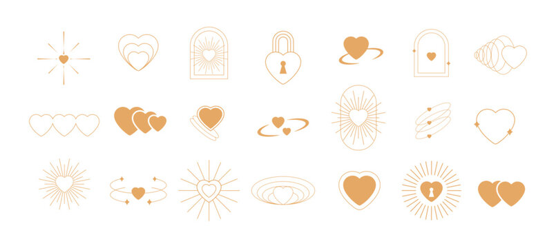 Heart line art icons. Golden outline heart love valentines icon set. Minimal geometric shapes
