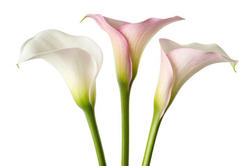 Three delicate calla lilies isolated on transparent background