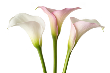Three delicate calla lilies isolated on transparent background