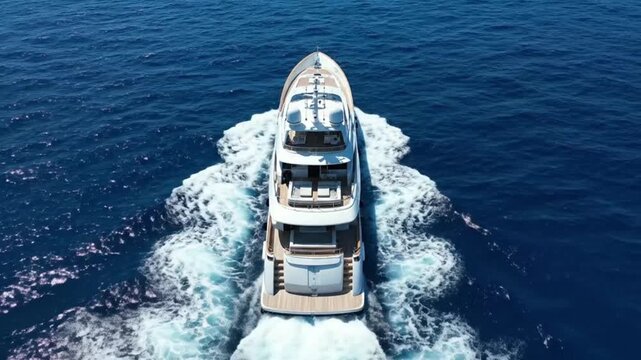 Ultra realistic aerial view of a modern luxury yacht cruising through clear deep blue ocean creating an exclusive travel lifestyle atmosphere of freedom and elegance
