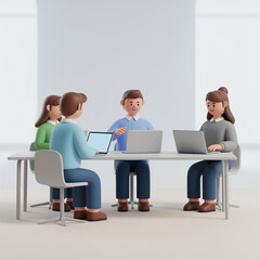 Obraz premium 3D cartoon business team meeting, diverse office colleagues working on laptops at conference table, professional corporate collaboration scene