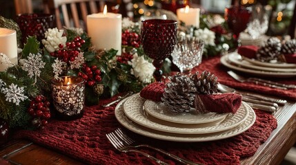 Naklejka premium Festive table setting evokes christmas spirit with red runner, snowflake placemats, china plates, crystal stemware, candles, and holly berry centerpiece