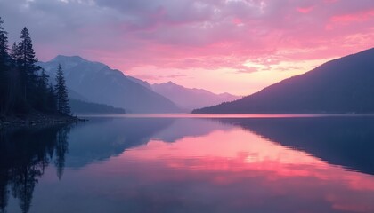 Calm lake mirrors bright pink purple sunset sky. Mountains and pine trees form dark silhouette shapes. Evening light reflects on still water surface. Peaceful natural scenery.