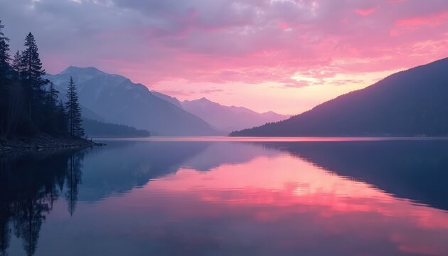 Calm lake mirrors bright pink purple sunset sky. Mountains and pine trees form dark silhouette shapes. Evening light reflects on still water surface. Peaceful natural scenery.