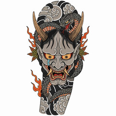 Japanese Hannya Demon Mask and Snake Tattoo Design Vector Illustration