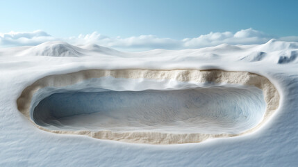 Large hole in the snow with a blue sky in the background. Snowy ice cave underground.