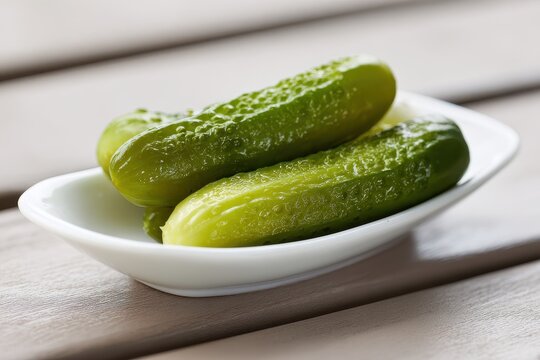 Three Crisp Dill Pickle Spears on a White Snack Plate, Perfect Sour Condiment for Any Vegetable Table Setup