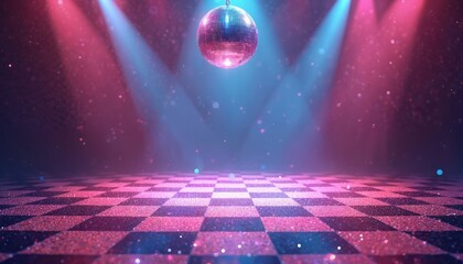 Disco dance floor checkered pattern shines. Glittering disco ball hangs over illuminated stage. Pink and blue lights flash creating party atmosphere. Retro groove nightclub vibe for fun.