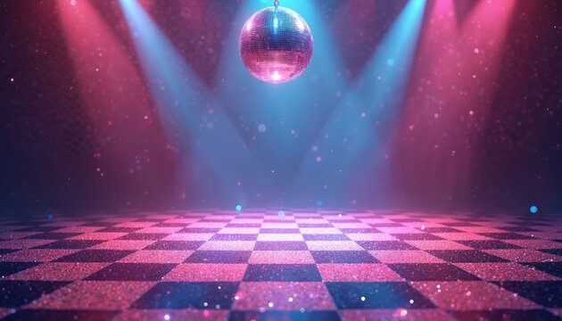 Disco dance floor checkered pattern shines. Glittering disco ball hangs over illuminated stage. Pink and blue lights flash creating party atmosphere. Retro groove nightclub vibe for fun.