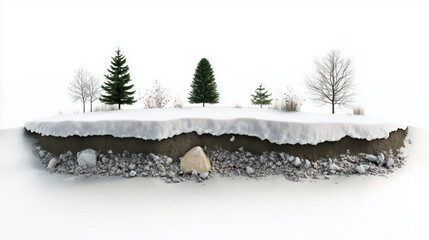 White background with a tree and a rock. Winter landscape in section.