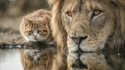 Fototapeta premium A domestic cat sits closely beside a majestic lion, both gazing intently at their reflections in the calm water during a beautiful sunset, creating a peaceful atmosphere.