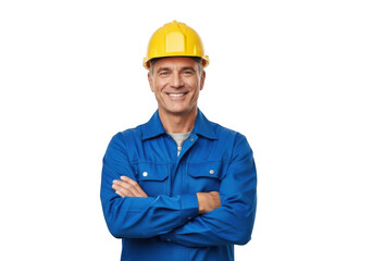 Smiling construction worker in hard hat isolated on transparent background