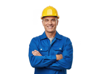 Smiling construction worker in hard hat isolated on transparent background