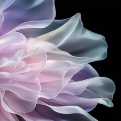 Abstract pastel petal-like shapes in pink, lavender and blue on black background for artistic design