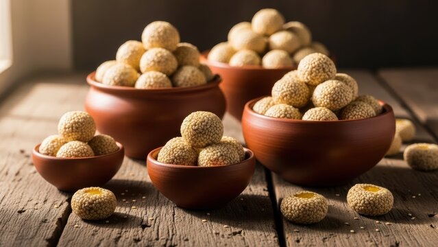 Authentic Indian sesame jaggery laddoos in traditional clay bowls on a wooden surface festive sweet food