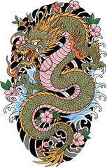 Traditional Japanese Dragon Tattoo Design with Cherry Blossom Flowers and Waves Vector Illustration