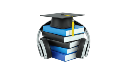 Books with Headphones and Graduation Cap - Education Concept