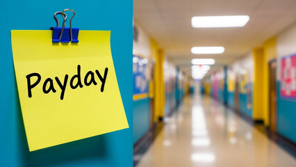 Payday notice on school hallway bulletin board with blurred background
