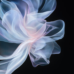 Abstract flowing fabric-like shape in light blue and white on black background for artistic design