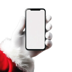Santa Claus hand in white glove holding smartphone with blank screen isolated on transparent background