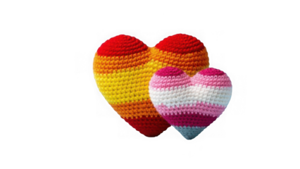 Crocheted rainbow hearts on transparent background for love and valentines day