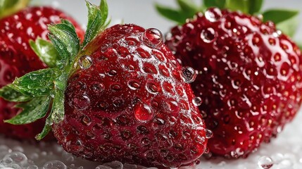 Close-up shows vibrant red ripe strawberries covered in water droplets, isolated against a clean white background providing a simple, elegant look