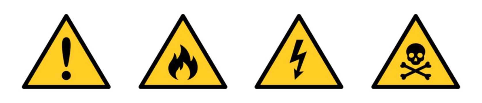 Hazard and warning sign icon set. Caution, danger, fire, high voltage, toxic, biohazard and radiation symbols &ndash; stock vector