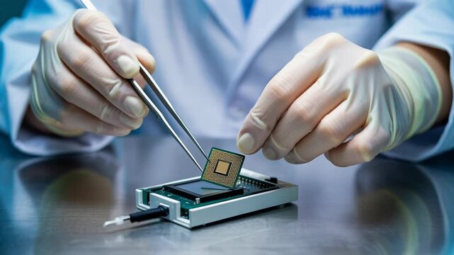 Medical and Technology. A technician in gloves is delicately handling a microchip with tweezers, showcasing precision in a laboratory setting.