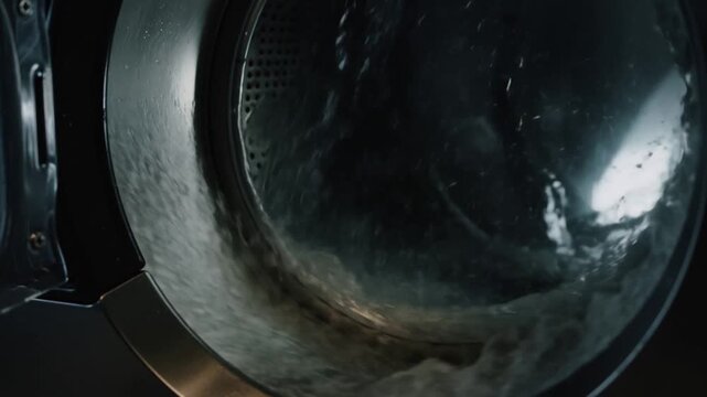 The internal view of a washing machine filled with water and clothes Stock Video