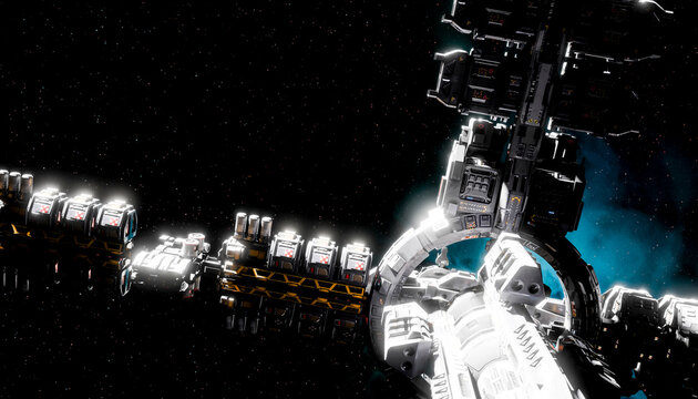 Spaceship render in deep galaxy illustration