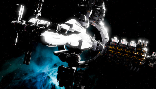 Futuristic spaceship soaring through a vibrant galaxy