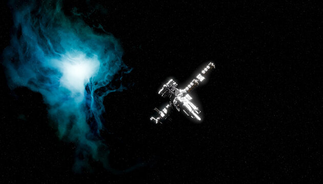 Spaceship in galaxy with nebula cloud