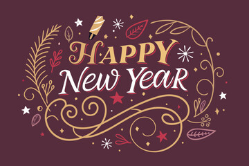 Happy New Year script text hand lettering. Design template Celebration typography poster, banner or greeting card for Merry Christmas and happy new year. Vector Illustration